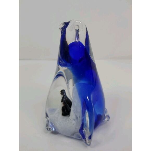 Art Glass Penguin with Two Penguins inside Cobalt Blue Tall Arctic Paperweight - Picture 3 of 7